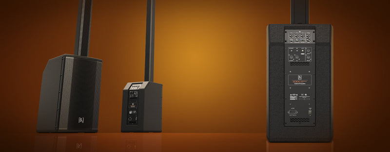 Set of audio speakers on a gradient orange background
