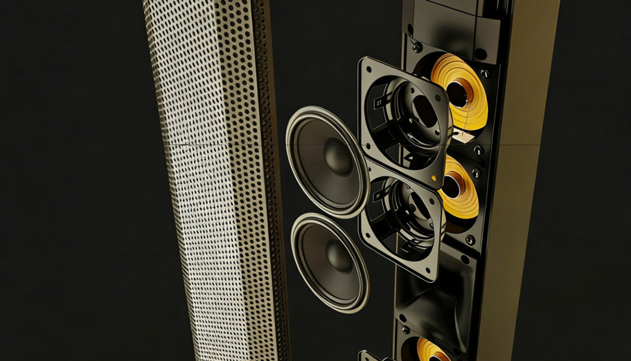 Close-up of a speaker with visible components on a dark background
