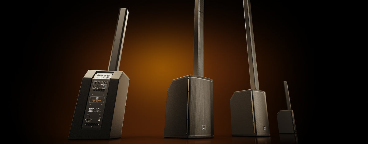 Set of audio speakers on a gradient background